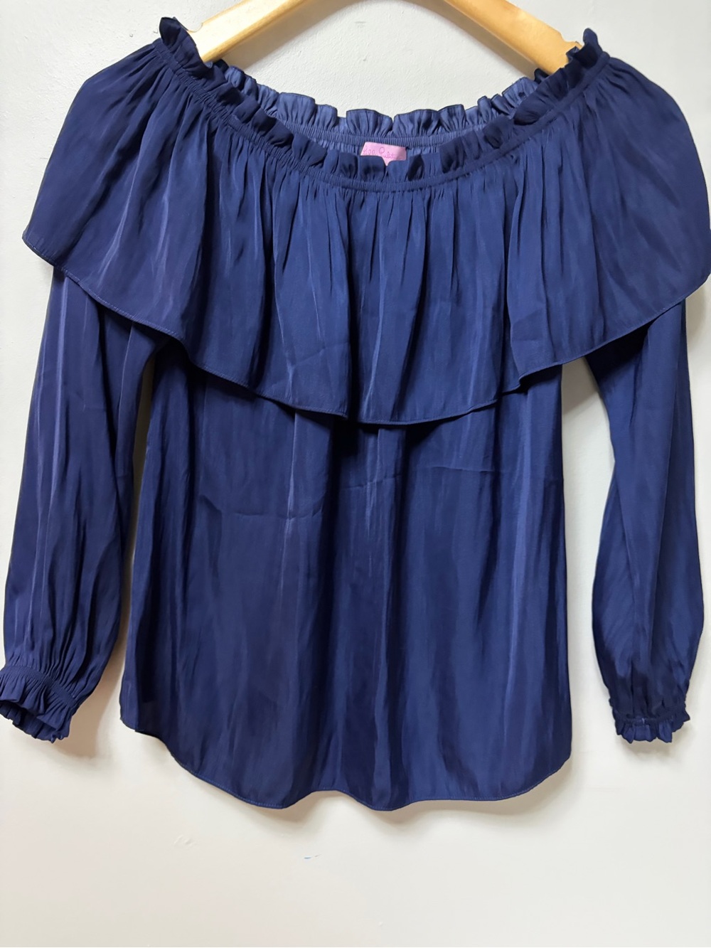 Lilly Pulitzer Navy Blue Off The Shoulder Ruffle Long Sleeve Blouse Size Small